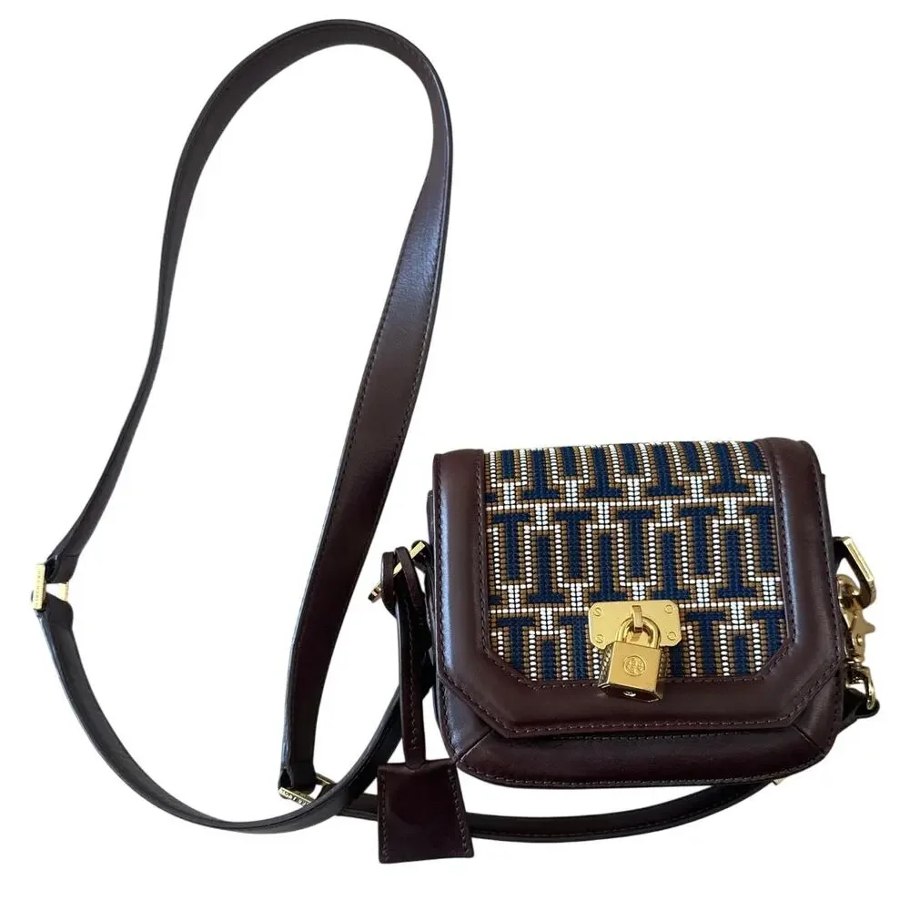 Tory Burch Mini Crossbody Navy Brown Logo Jacquard‎ Lock Bag